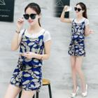 Set: Plain Short Sleeve T-shirt + Printed Spaghetti Strap Playsuit