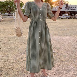 Short-sleeve Gingham Button-up Dress