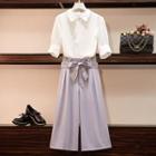 Set: Plain Elbow-sleeve Blouse + Tie-waist Wide-leg Cropped Pants