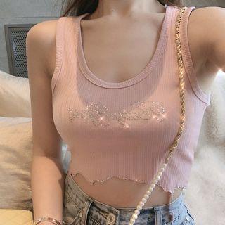 Rhinestone Lettering Cropped Tank Top