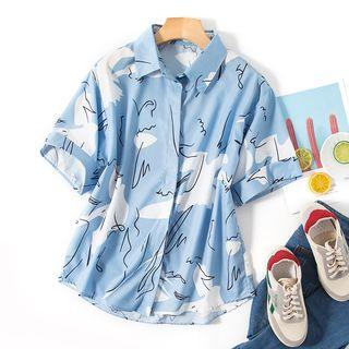 Short-sleeve Patterned Shirt Blue - One Size