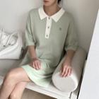 Contrast-collar Embroidered Knit Dress