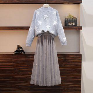 Set: Star Pattern Sweater + A-line Midi Skirt