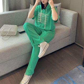 Set: Elbow-sleeve Lettering Hoodie + Sweatpants