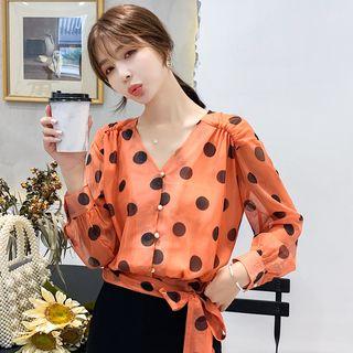 Polka Dot V-neck Long-sleeve Chiffon Blouse