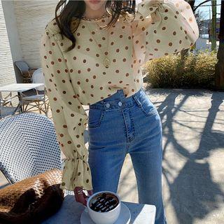 Bishop-sleeve Dotted Blouse Brown - One Size