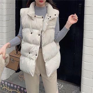 Padded Double-breasted Vest / Ribbed Knit Top / Straight-cut Pants