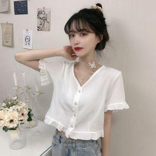 Frill Trim Short Sleeve V-neck Blouse
