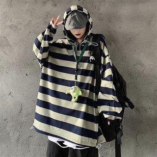 Drawstring Hem Wide-stripe Hooded Sweatshirt