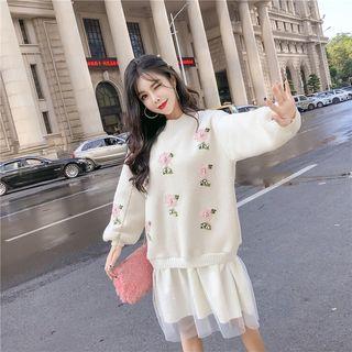 Mock Two-piece Flower Embroidered Mesh Hem Pullover Dress White - One Size