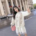Mock Two-piece Flower Embroidered Mesh Hem Pullover Dress White - One Size