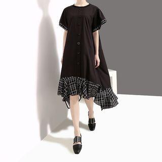 Short-sleeve Plaid Panel Dress Black - One Size
