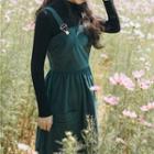 Set: Mock-neck Long-sleeve Knit Top + Corduroy Midi Jumper Dress