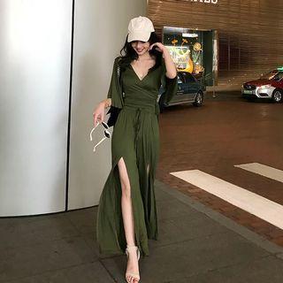 Set: Deep V-neck Wrapped Top + Slited Casual Pants