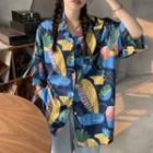Elbow-sleeve Print Shirt Yellow & Blue - One Size