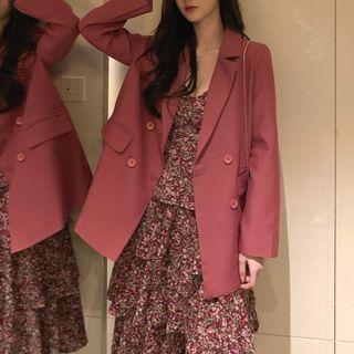 Spaghetti Strap Floral Print Midi A-line Dress / Double-breasted Blazer