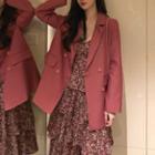 Spaghetti Strap Floral Print Midi A-line Dress / Double-breasted Blazer