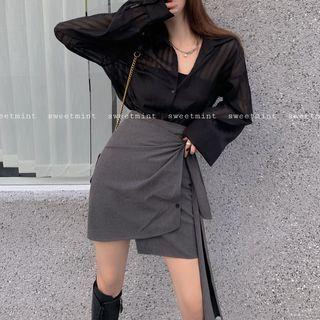 Long-sleeve Blouse / Asymmetrical Mini A-line Skirt
