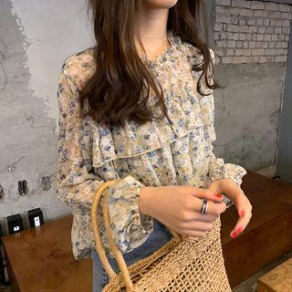 Long-sleeve Floral Chiffon Blouse Almond - One Size
