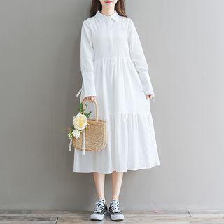 Plain Collared Long-sleeve A-line Dress