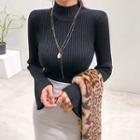 Mock-neck Bell-sleeve Rib Knit Top