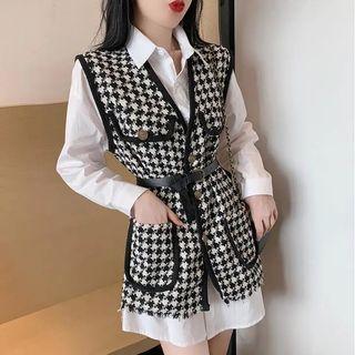 Shirtdress / Houndstooth Button-up Vest / Belt / Set