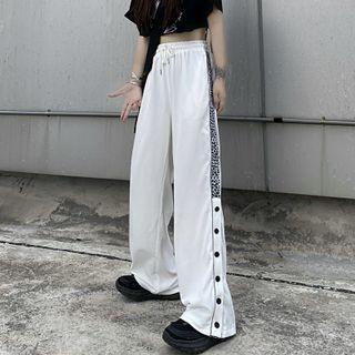 Drawstring Leopard Trim Button-up Wide-leg Pants