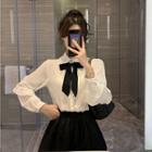 Plain Single-breasted Long-sleeve Blouse With Ribbon Blouse - As Shown In Figure - One Size