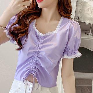 Drawstring Ruched Puff-sleeve Blouse