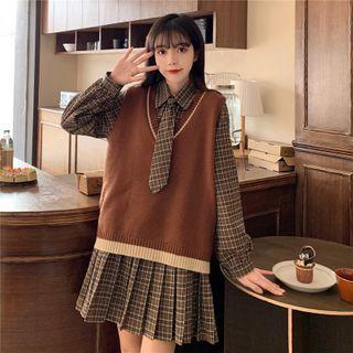 Long-sleeve Plaid Shirt Dress + Two-tone Knit Vest