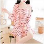 Set: Long-sleeve Heart Print Sheer Shirt + Spaghetti Strap Top + Wide-leg Shorts