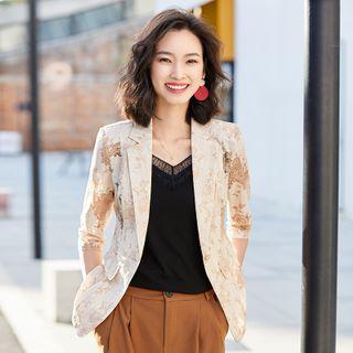 Single-button Elbow-sleeve Floral Print Lace Blazer