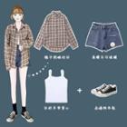 Long-sleeve Plaid Shirt / Spaghetti Strap Top / Distressed Embroidered Denim Shorts