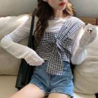 Plain Long-sleeve T-shirt / Checked Sleeveless Crop Top