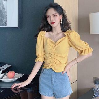 Ruched Elbow-sleeve Chiffon Blouse
