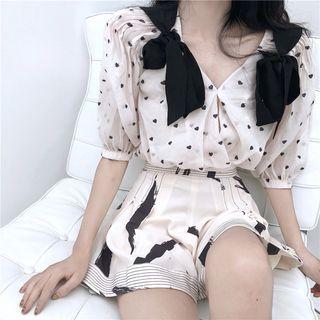 Heart See-through Short-sleeve Top / Print High-waist Skort