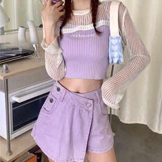 Letter Embroidered Camisole Top / Ribbed Cropped Knit Top