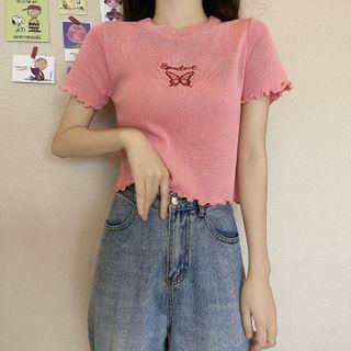 Short-sleeve Frill Trim Butterfly Embroidered Cropped Top