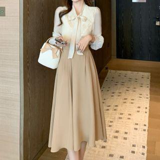 Tie-neck Blouse / Midi A-line Skirt