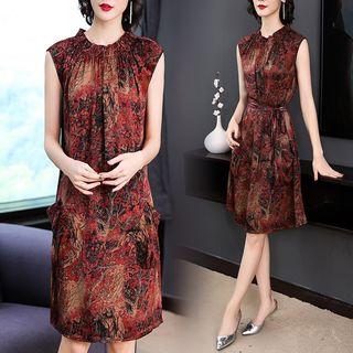 Sleeveless Printed Frill Collar Sashed Dress
