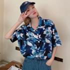 Elbow-sleeve Abstract Print Shirt Blue & White & Black - One Size