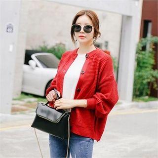 Puff Long-sleeve Rib-knit Cardigan