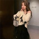 V-neck Bow Long-sleeve Cardigan White - One Size