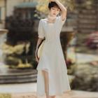 Puff-sleeve Square-neck Lace Midi A-line Dress
