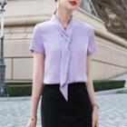 Short-sleeve Mock-tie Blouse / Mini Pencil Skirt