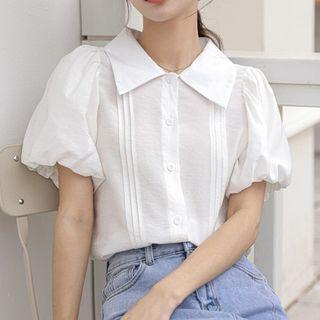 Puff-sleeve Collared Pintuck Blouse