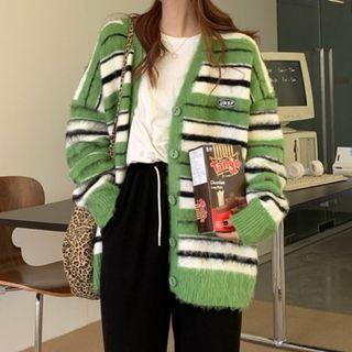 V-neck Cropped Striped Cardigan Stripe - Green - One Size