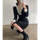 Long-sleeve V-neck Lace Dress Black - One Size