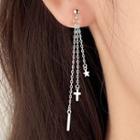 Cross Bar & Star Fringed Earring With Ear Plug - 1 Pair - Cross Star Ear Line - Silver - One Size