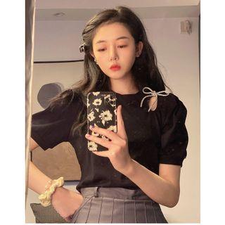 Puff-sleeve Rhinestone Bow T-shirt